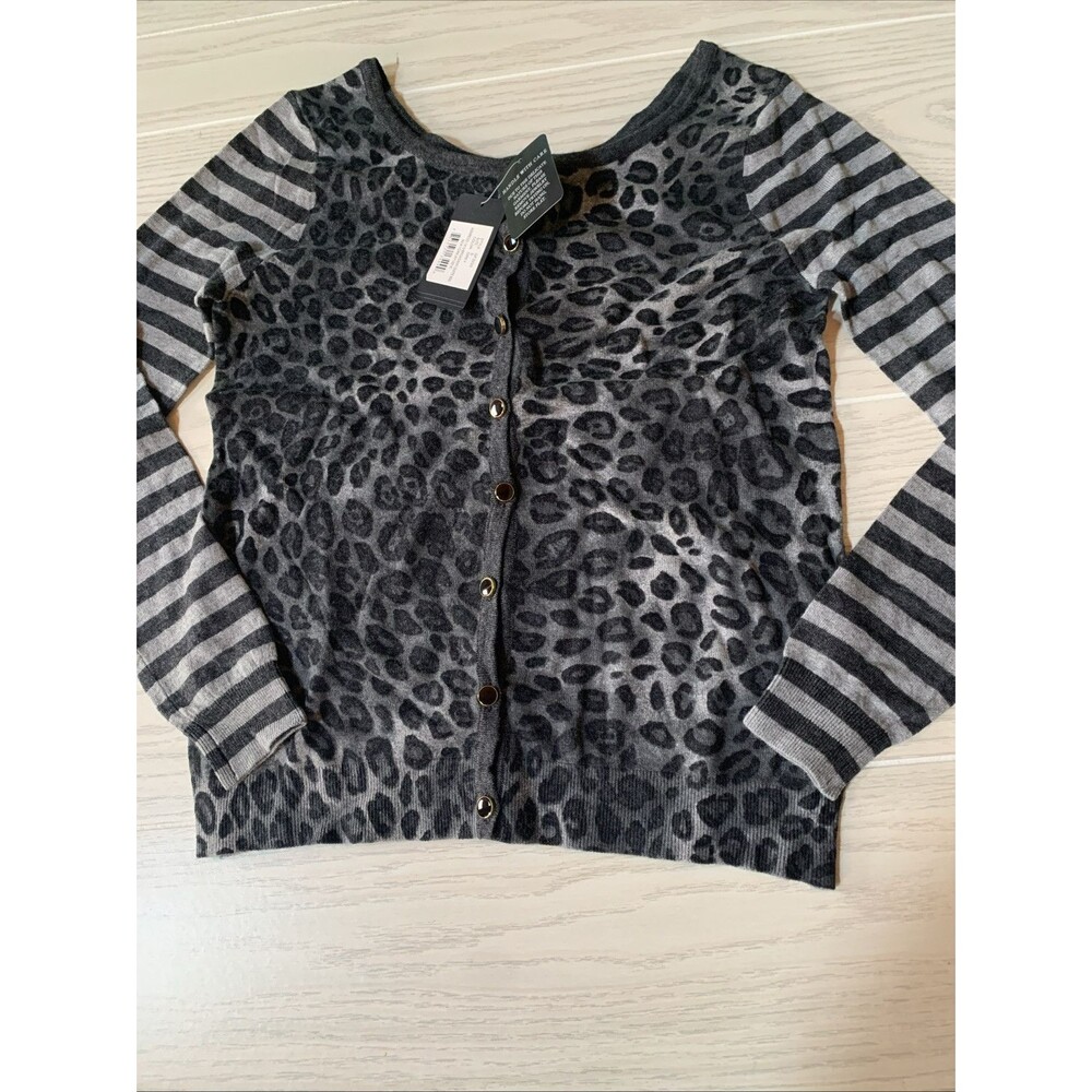 Colour‎ Works Womens Small Black And Grey Sweater Striped Animal Print